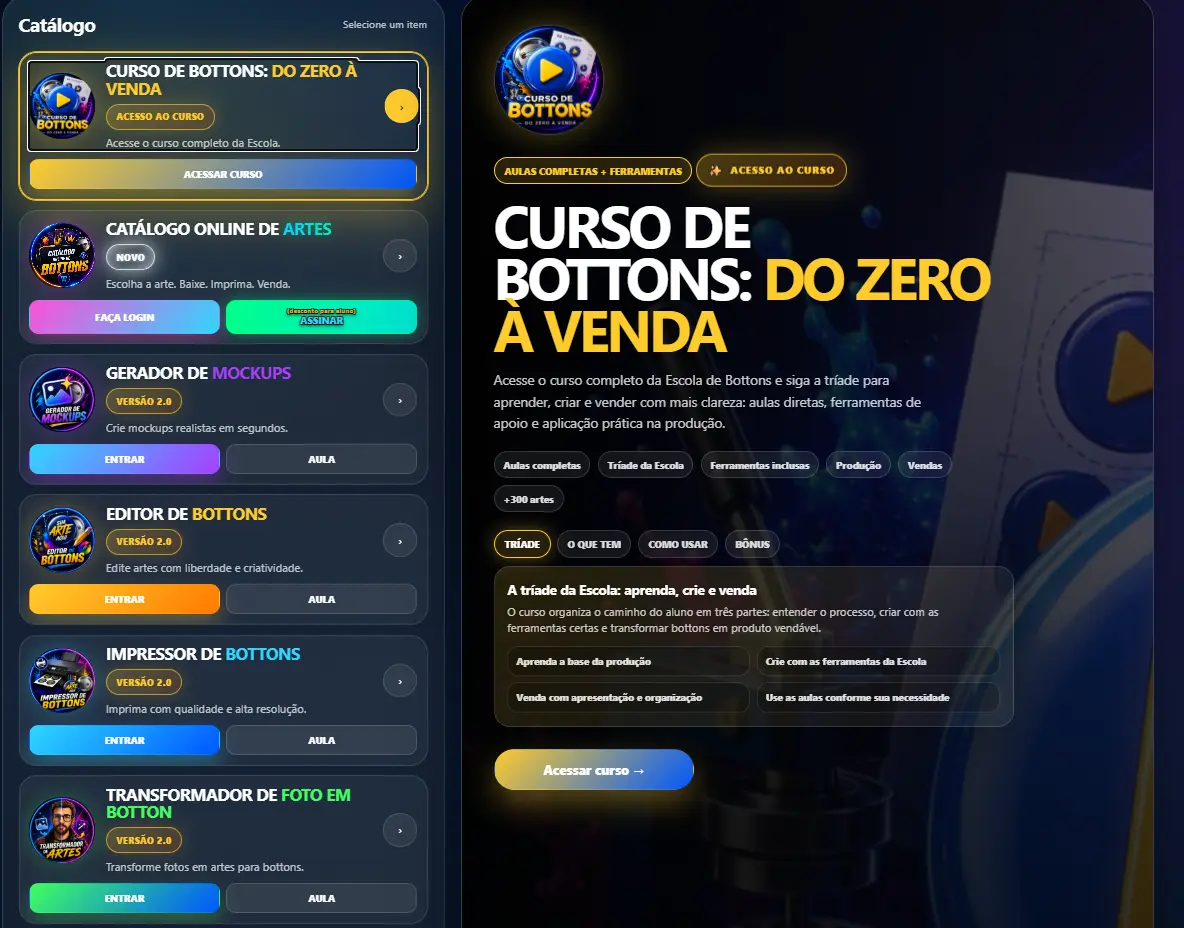 Painel da área de membros com o curso selecionado e os cards das ferramentas da Escola de Bottons