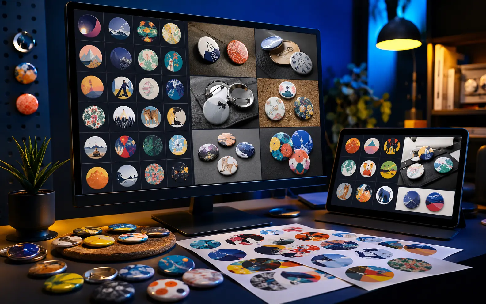 Coleção de artes e mockups de bottons exibidos em tela, com bottons prontos sobre a bancada