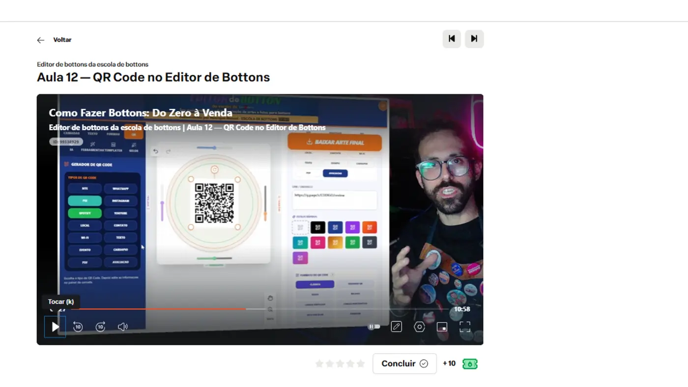 Tela real da área de aulas do Curso de Bottons: Do Zero à Venda, com o player de vídeo de uma aula do Editor de Bottons