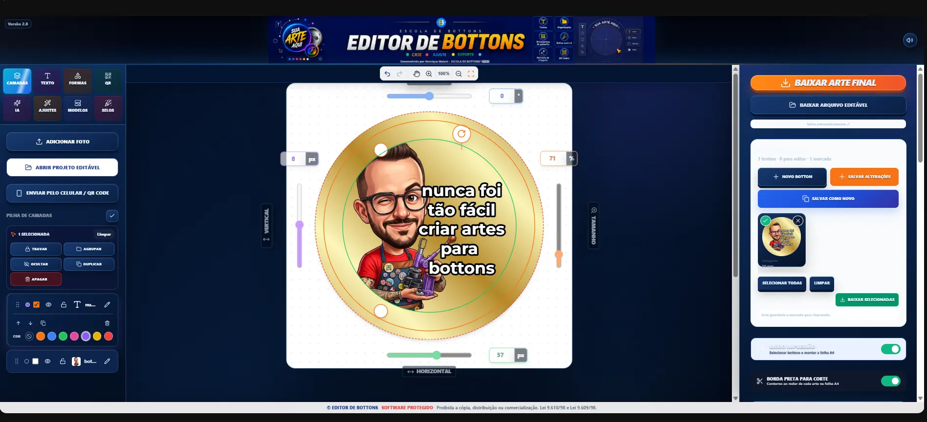 Tela real da ferramenta Editor de Bottons da Escola de Bottons