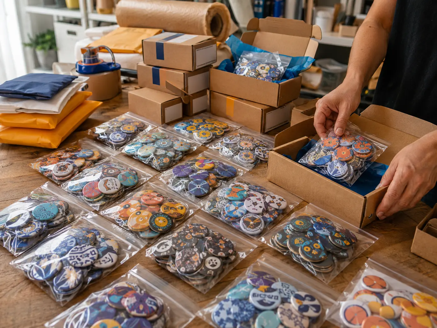 Pedidos de bottons personalizados separados em saquinhos e caixas, prontos para envio